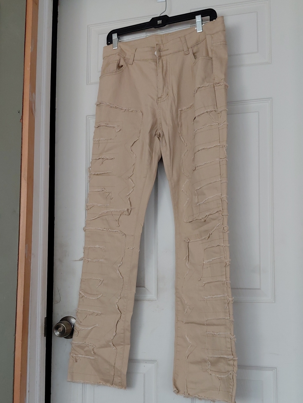 Unbranded Distressed Patchwork Pants 28 LARGE Khaki Frayed Streetwear Detail